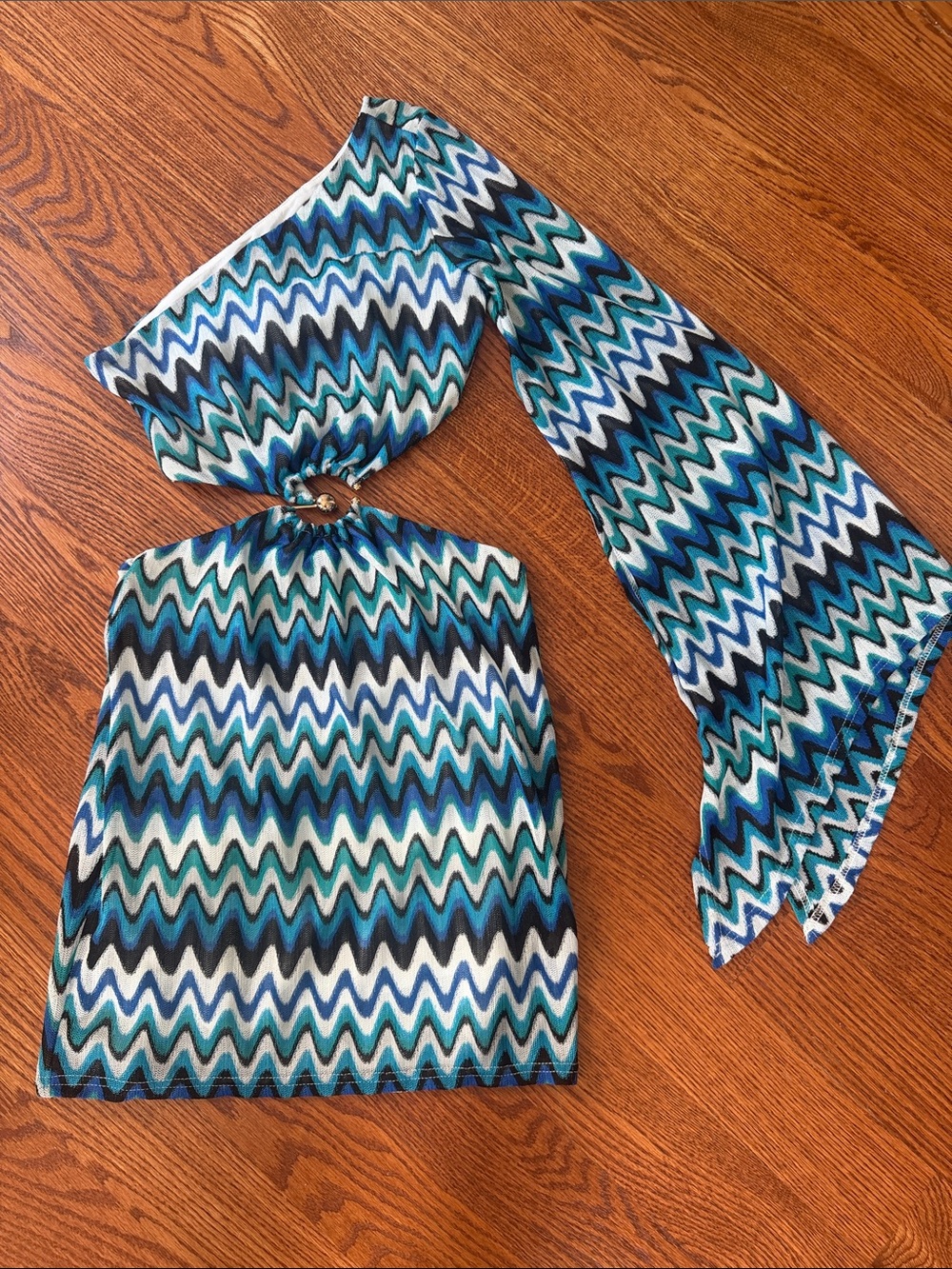 Blue Green Zigzag one shoulder mini dress
